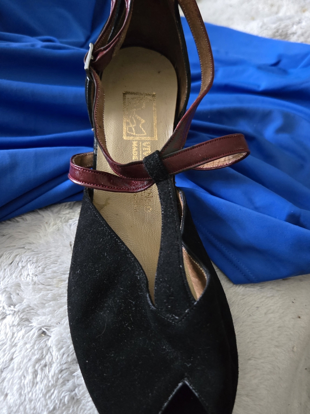 Argentine TANGO Women's Black Suede T-Strap Sandals with Burgundy Straps